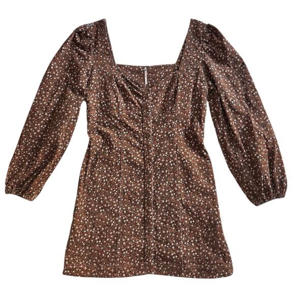 Free People Call Me Cord Mini Dress Floral Puff Sleeve Corduroy Bohemian Boho - Picture 1 of 8
